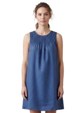Cynthia Rowley Shift Dress Blue 100% Linen Smocked Coastal Chambray Boho Medium